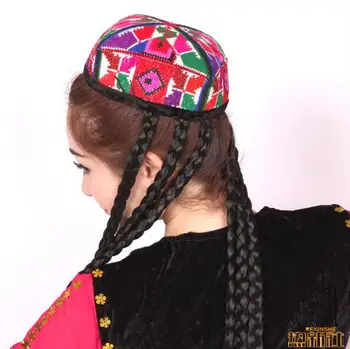 Mulheres De Xinjiang Cap Uigur De Dança Hat Incluem 6 Trança Desempenho Peruca Meninas Fase