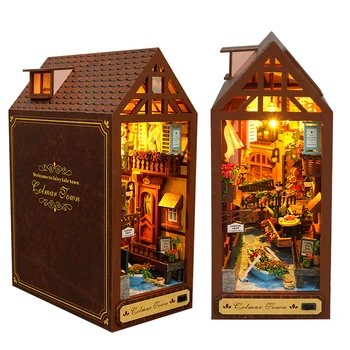 DIY Livro de Madeira Nook em Miniatura Kit de Construção de Conto de Fadas Cidade Bookends Prateleira Inserir Casa de bonecas de Prateleira de Brinquedos para Meninas Presentes de Natal