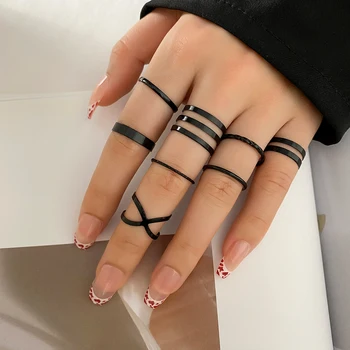 IFME Moda Simples Dedo Conjunto de Anéis Gótico Geométricas Anel para as Mulheres de Cor Preta Anel de Metal de Moda Feminina Presente da Jóia