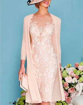 Cor-de-rosa Chiffon Mãe do Vestido da Noiva Com uma camisa de Laço Frisado na altura do Joelho Formal Mãe Noite de Baile, Vestidos De Cerimônia de Casamento