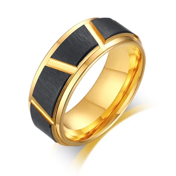 8MM de Largura Homens de anéis de Carboneto de Tungstênio Preto Galvanizado+ Ouro Fosco Superfície com Ranhuras Ângulo de Tungstênio Anel de Aço