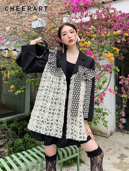 CHEERART de Moda de Alta Arco Preto Babados Blazer, Casacos Para Mulheres 2022 Queda de Retalhos sob medida Casaco Designer coreano Sobretudo