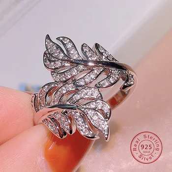 Jóias Anéis para as Mulheres 925 Prata Esterlina Brilho de Pedra de Design de Pena Anel de Casamento Noivado Acessórios de Jóias