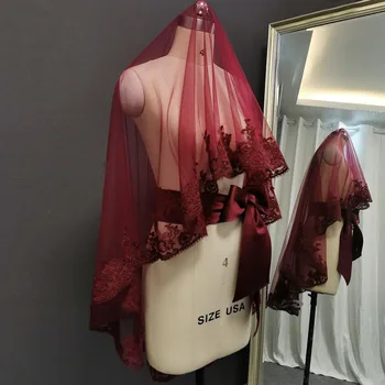 Duvak cinco Kusak Nova Chegada Escuro de Borgonha Véu de Noiva com Cinto de Uma Camada de Curto Véu de Noiva Acessórios do Casamento