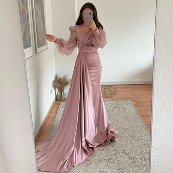 Cor-de-rosa Vestidos de Baile Glitter V-neck Vestido de Noite Puff Manga Arábia saudita Cocktail robe de soirée de mariage Plus Size