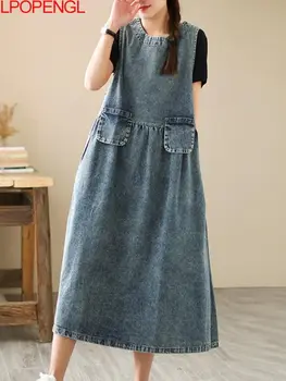 Vintage Casual, de Jeans de Espaguete Vestido de Alça de Mulheres da Primavera 2022 Novo de grandes dimensões Mulheres Soltas do Tornozelo-comprimento Vestido Versátil