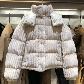 loehsao mulheres jaqueta bege confortável Macio de veludo exterior à prova de vento quente com capuz colar feminino de inverno, parkas curto coats