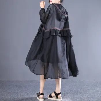 Tamanho Grande Womens Verão Blusão 2021 Roupas Estilo Coreano Solta Meados De Comprimento Plissado Costura Jaqueta Com Capuz Fina Camada L14