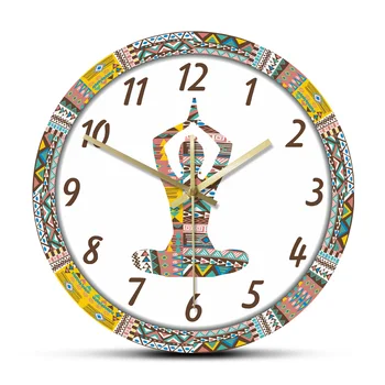 Yoga Mulher com Étnica Decorativo Padrão de Movimento Silencioso Relógio de Parede Mandala Meditação Esporte de Grande Acrílico Relógio Pendurado na Parede
