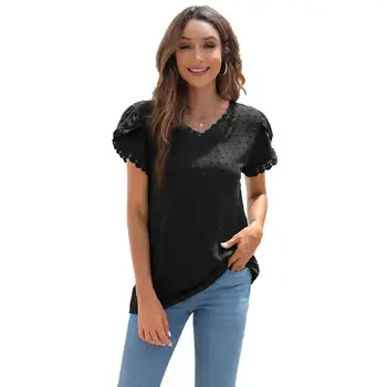 2022 Moda feminina Camisa Blusas de Cor Sólida Chiffon V-neck Lace Jacquard Mangas Curtas, Blusas de Mulheres Superior para uso Diário