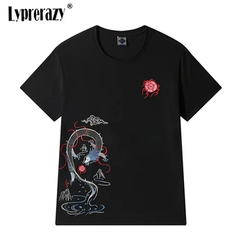 Lyprerazy Verão Dragão Bordado manga Curta T-shirt da Juventude masculina de Algodão Solta em torno do Pescoço da Maré Marca de T-shirt
