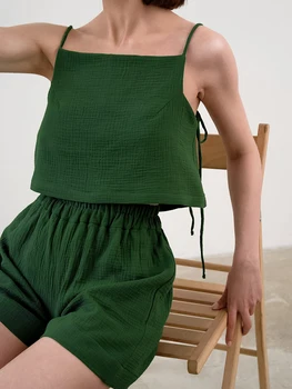 Hiloc de Algodão Verde Com Ternos Shorts sem encosto Crop Top Mulheres Pijama de Espaguete fita para Mulheres de Dormir Laço Frouxo Sleepwear