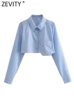 Zevity 2022 Mulheres da Moda Cor Sólida Design de Bolso Curto Avental Blusa Senhora do Escritório Camisa Chique Casual Camisa Blusas, Tops LS3055