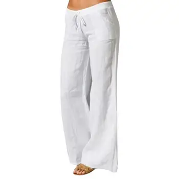 Cor Sólida Mulheres Cordão Elástico Calças Calças De Perna Larga Bolsos Longo Calças De Yoga