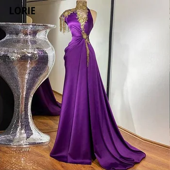 LORIE Foto Real Roxo Noite Vestidos de Um Ombro Frisados de Cristal de Alta Pescoço de Baile, Vestidos de Sereia Longo Vestido de Festa Formal 2021