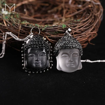 Yammy Vintage Jóias de Cristal Buda Pingente, Homens/Mulheres Vidro Buda Cabeça Requintado Esculpida Colar de Corrente de Prata