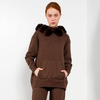 Camisola De Malha Mulheres Fur Real Pulôver De 2021 Nova De Outono, Moda De Inverno Jumper Natural Rex Rabbit Fur Collar Quente Casual Capuz