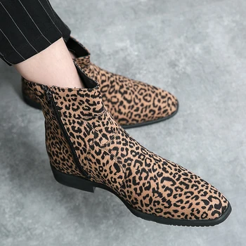 Luxo Designer Chegada Nova Mens Pontas De Couro Camurça Vestido De Casamento Sapatos De Leopardo Para O Homem De Negócio Formal Chelsea Ankle Boots