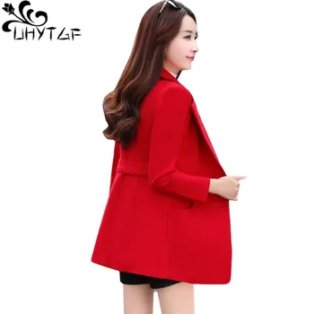 UHYTGF coreano Mulheres de Outono Inverno, Casacos de Lã Moda Elegante de Senhoras Curto Outerwear Lapela de Abotoamento Duplo Slim, Jaqueta Feminina 136
