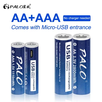 PALO 1,5 V AA USB Recarregável do Li-íon da Bateria 2800mWh + 1,5 V AAA USB Recarregável do Lítio Baterias 1110mWh Com Cabo USB