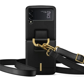 Com Anel de Metal de Luxo, Capa de Couro PU Para Samsung Galaxy Z Flip 3 5G Caso Corda de Suporte à prova de Choque Casos de Telefone de Coque Fundas