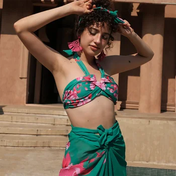 Floral Impresso Halter Bikini Maiô e Sarong Novo Vestido de Praia Moda Elegância Minimalismo Moda Peças para Sexy