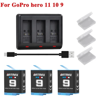 1780mAh Batmax Bateria para GoPro 9 Bateria do Li-íon Herói 10 11 + LED Smart 3-Slots Carregador para Go Pro Hero 9 Acessórios