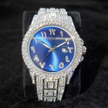 MISSFOX Diamante de Luxo Homem do Relógio de Mostrador Azul Interessantes árabe Digital Relógios Para Homens Rodada de Moda Platina Homem do Relógio de Quartzo
