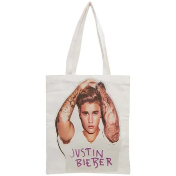 Personalizado Justin Bieber Sacola Reutilizável Bolsa de Mulher Ombro Dobrável de Lona Sacos de Compras Personalizar a sua imagem