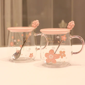 Japão Estilo Caneca de Vidro cor-de-Rosa Bonito Kawaii Copos de Leite Xícara de Café, Cozinha, Escritório Delicado Colher com Tampa de Flor de Cerejeira Caneca de 500ml