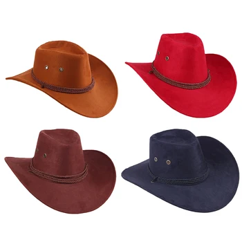 Novo Western Cowboy Chapéu de Cowgirl Herói Estilo Retrô Preto Marrom Vermelho de Couro Falso Homens Mulheres a Cavalo Boné de Aba Larga 58CM atacado
