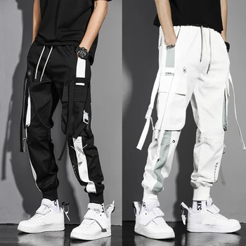 2021 dos Homens Novos Bolsos Laterais de Carga Calças de Harém de Moda Fitas de Hip Hop Casual Masculino Corredores de Calças Casuais Streetwear Calças