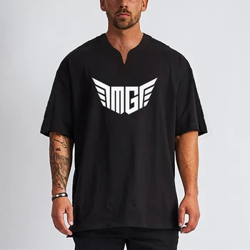 O verão dos Homens V Neck T-shirts Estilo Ocidental Soltos Impressão Casual Oversized T-Shirt dos Homens Ginásio Executando o Vestuário Sportswear