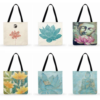 Zen Chinês Impresso Tote Bag Duplo Exterior Com Bolsas De Praia Lotus E Buda Para Mulheres Casuais Tote Bolsa De Ombro De Senhoras Foldable Do Saco De Compras