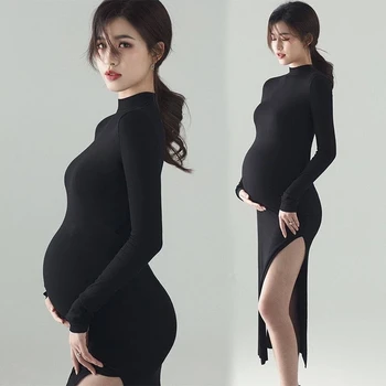 Novo Preto Sexy Vestidos De Maternidade Fotografia Adereços Dividir O Lado Longo Da Gravidez Roupas Sessão De Fotos Para Mulheres Grávidas Vestido 2021