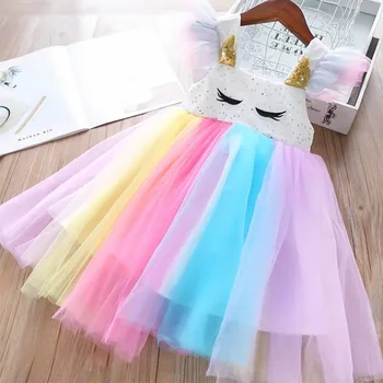 Vestido da menina de 2022 Verão Crianças Meninas do arco-íris Vestido de Aniversário de Tule Moda Voando Mangas Vestido de Princesa Meninas Mascote 2-7Y