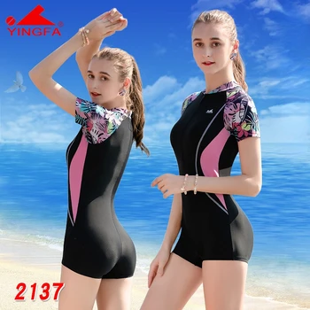 YINGFA Swimwear Um Maiô Mulheres Zíper Monokini Acolchoado trajes de Banho Esporte Bodysuit Praia de Manga Curta, calção de Banho