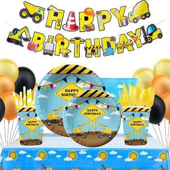Construção do Tema da Festa de Aniversário de Talheres Descartáveis Conjunto de meninos Feliz Aniversário Decoração de desenhos animados Carro Festa de Placas Copa Balões