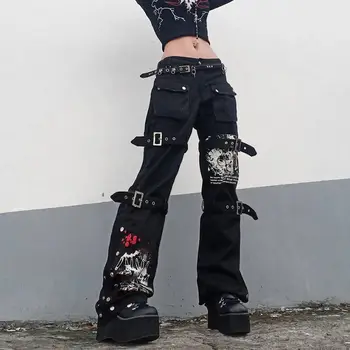 Calças Cargo Techwear Hippie Baggy Jeans Mãe Gótico Punk Black Denim, Calças De Cyber Y2k Calças Acadêmico Roupas Escuras Harajuku