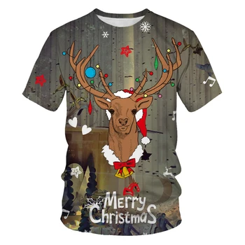Natal Carnaval Padrão Funny T-Shirt masculina Casual Impressão 3D Hip-Hop Ano Novo Personalidade Gola Redonda, Manga Curta Camisa