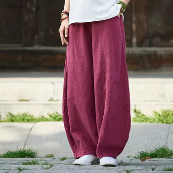 De estilo chinês, off white, calça baggy pants mulheres listras verticais casual solta de grandes dimensões wide leg pants V940