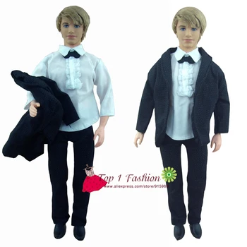frete grátis 1 conjuntos de roupas feitas à mão em preto noiva, o terno com camisa branca e calças para a barbie menino firend para a boneca barbie ken