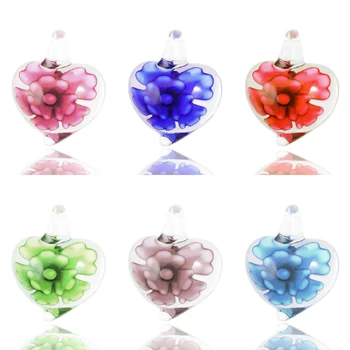 QianBei 1Pcs Cordão Pingente de Venda 3D Coração Flor de Cristal de Murano de Vidro Lampwork Apto a Colar a Festa de Casamento de Dom