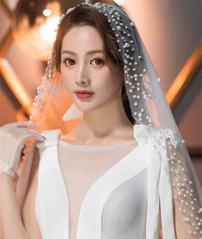Longo Véu de Noiva de Uma Camada de Noiva, Véu Catedral Com Total Pérolas Borda Mantilha Tule Macio Cristal Marfim 300cm Véu de Noiva