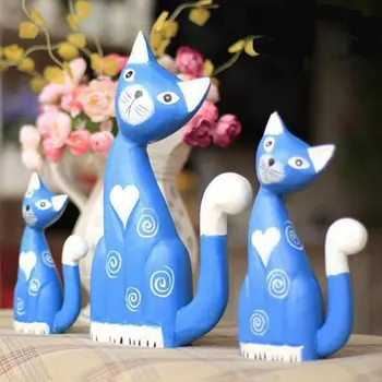 De madeira Decorativos, Enfeites de Decoração de Casa de Log Pintado Escultura Gato Azul de Três peças com Animal Sala de estar, área de Trabalho Ornamentos