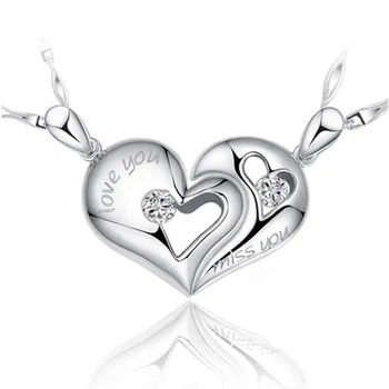 S925 Gargantilha de Prata Para Mulheres de Coração Casal de Amantes Colar Pingente de Menina Senhora de Moda DIY Presente da Jóia de 45 cm