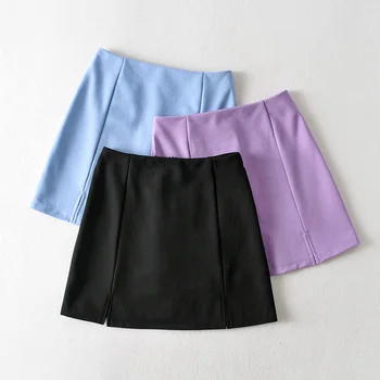 2022 Verão mini-saia sexy de uma linha de saia cintura alta a saia de senhoras dividir saias de volta zipper saias azul roxa preta