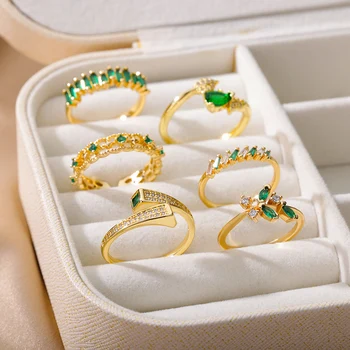 Luxo Geométricas Verde Zircão Anéis Para As Mulheres Stainelss De Aço Ajustável De Casamento Anel De Noivado Estética Dedo Presente Da Jóia