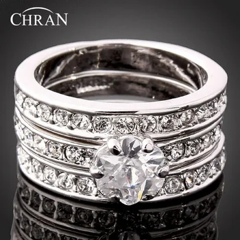 Chran Banhado a Prata 3 de Pavimentação de Cristal Par de Anéis de Casamento de Moda Cúbicos de Zircônia Anéis de Noivado para Mulheres