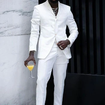 Branco Slim Fit Mens Ternos para Casamento Pico de Lapela Personalizada parte 2 Noivo Smoking Masculino de Moda de Trajes Conjunto Jaqueta com Calças